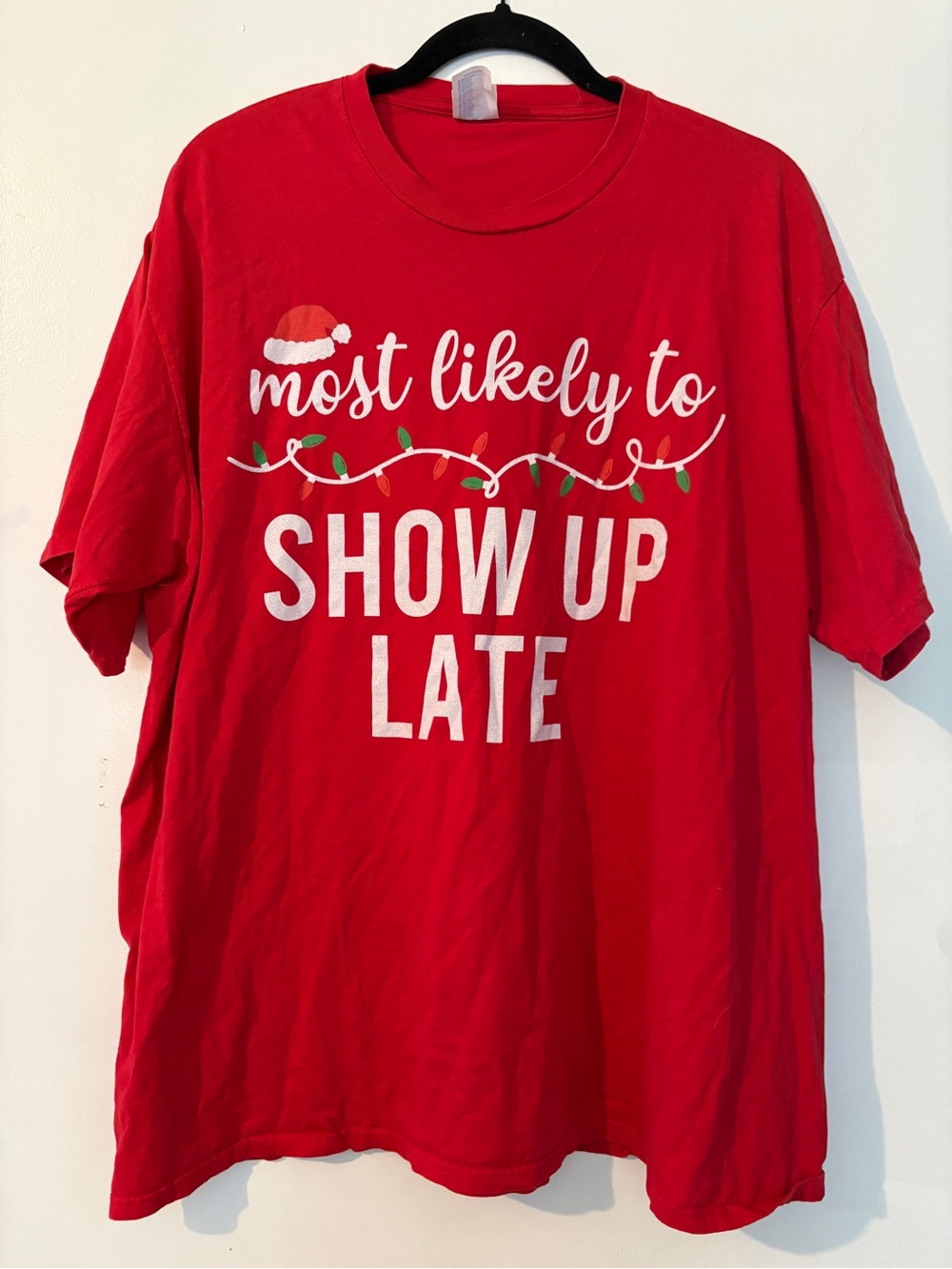 Port and Company Red Holiday Graphic Tee - "Most Likely to Show Up Late"